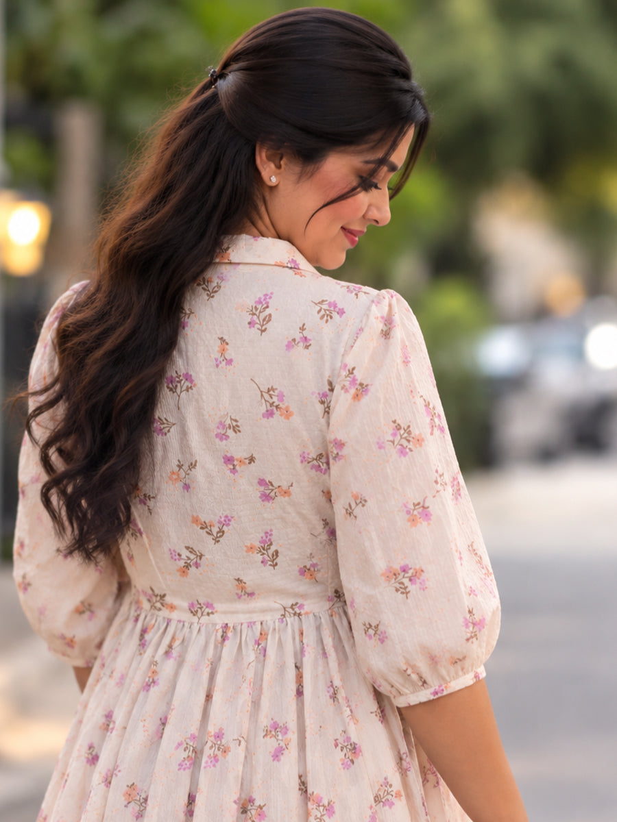 Ziva Premium Cotton Seersucker Maternity & Feeding Dress with Notched Collar, Concealed Zips & Side Pocket | Natural Ivory Multicolour Botanical Floral