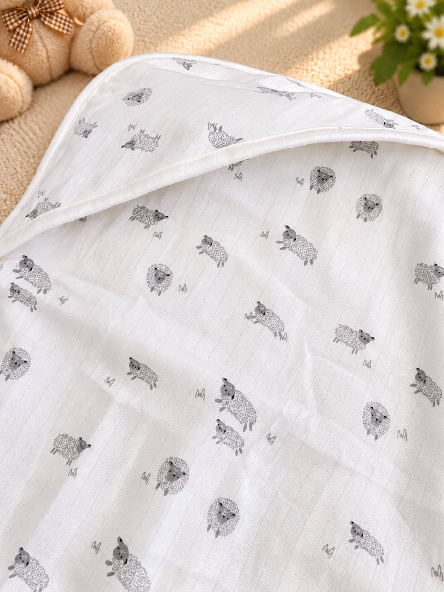 Ziva Premium Muslin Hooded Towel – Double Layer Muslin with Soft Fleece Core | Grey Hedgehog Print