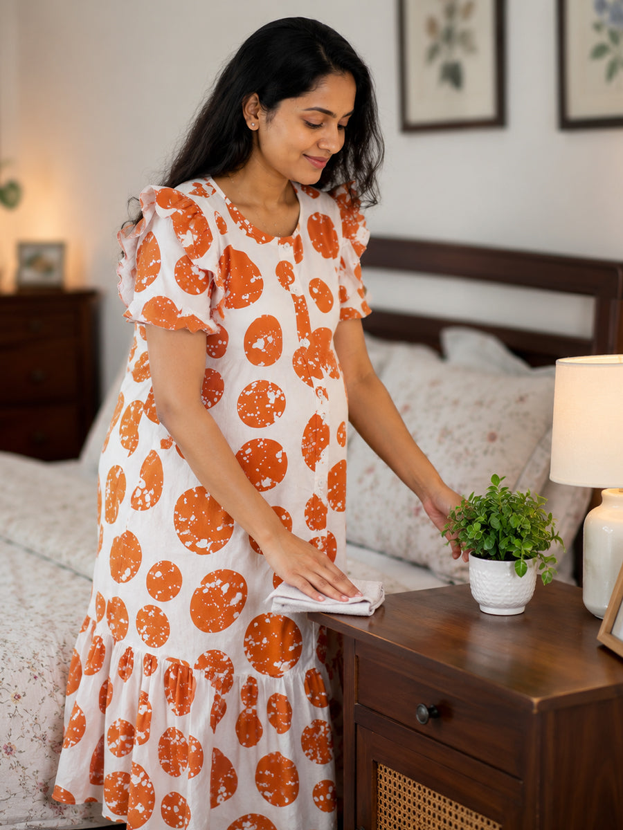 Ziva Maternity & Feeding Cotton Full-Open Short Nighty with Side Pocket – Orange & Off White Irregular Spot Print