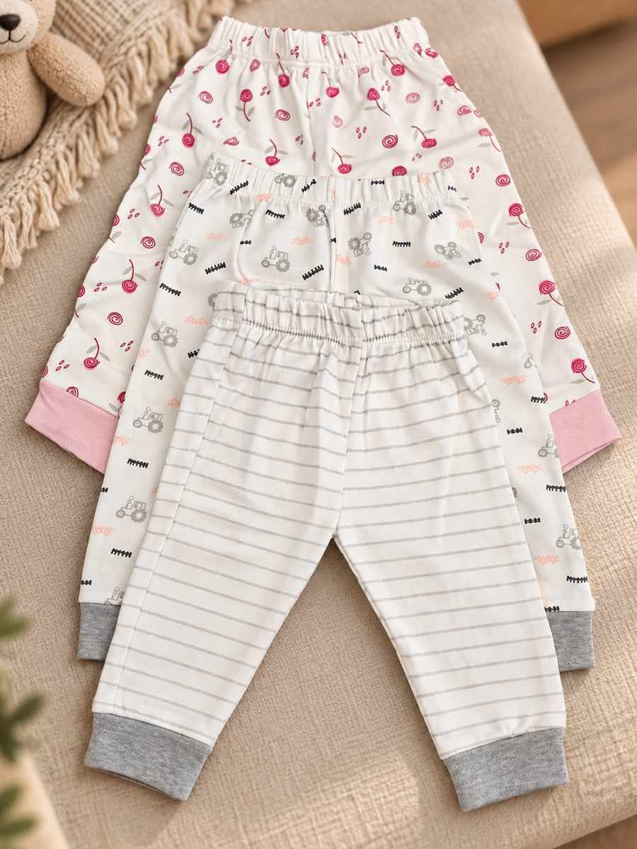 Baby Knitted Cotton Pants Combo – Pack of 3 | Assorted Floral, Tractor & Stripe Prints | Newborn | Ziva Collected | Carefully Selected for Your Little One