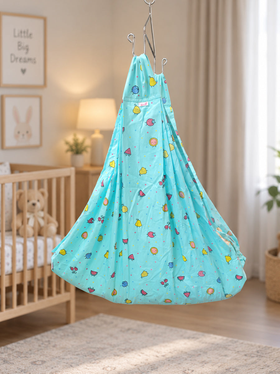 Ziva Baby Cradle – Fruity Friends Cream | Premium Cotton Cloth Cradle with Aqua Blue Mosquito Net, Hanger & S-Hook