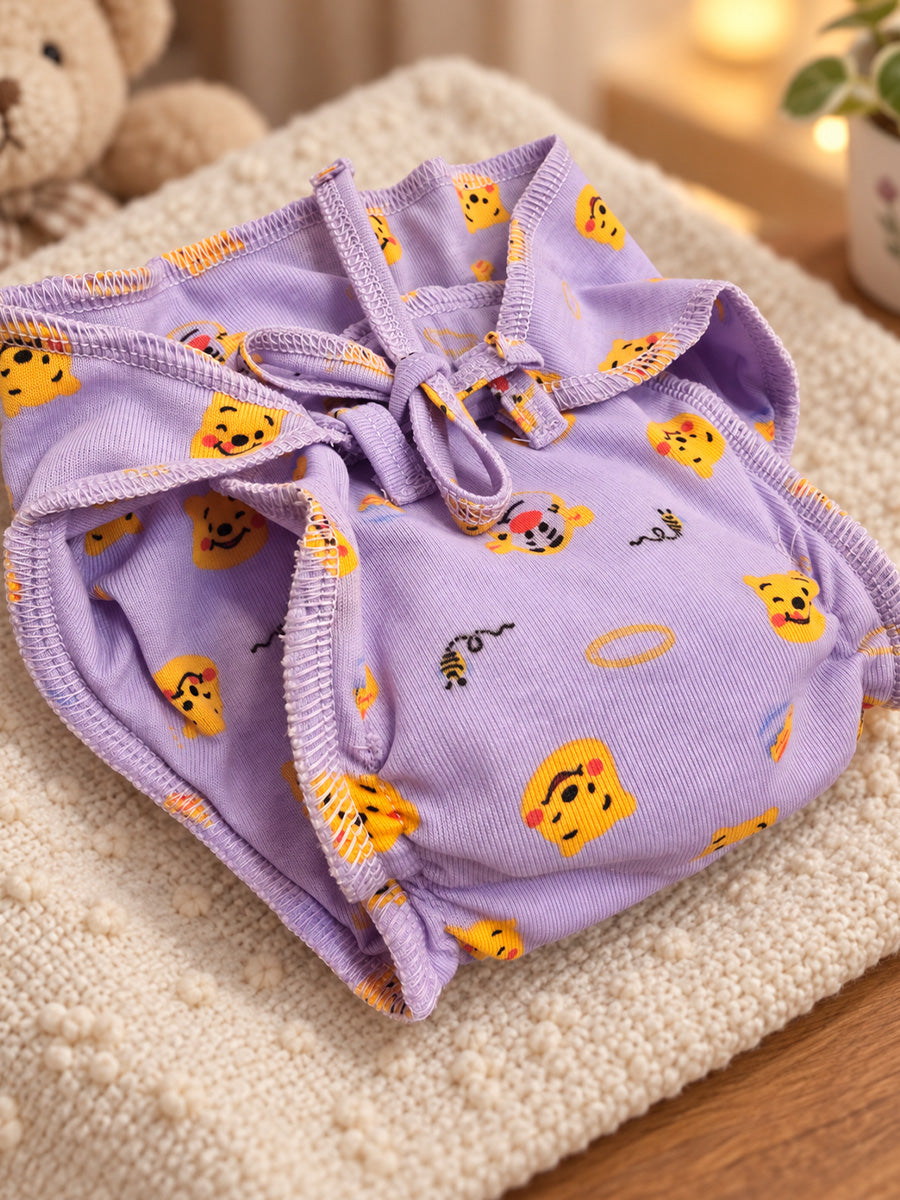 Ziva Newborn Knitted Cotton Front Open Tie Jabla with Light Padded Tie Nappy – Light Lilac Bear Print | 1 Jabla + 1 Nappy