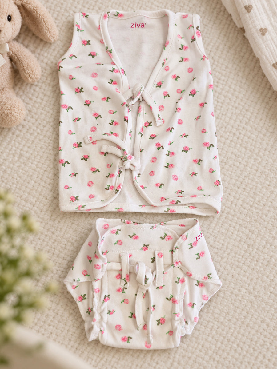 Ziva Newborn Cotton Front Open Tie Jabla with Tie Nappy – White Pink Rose Print