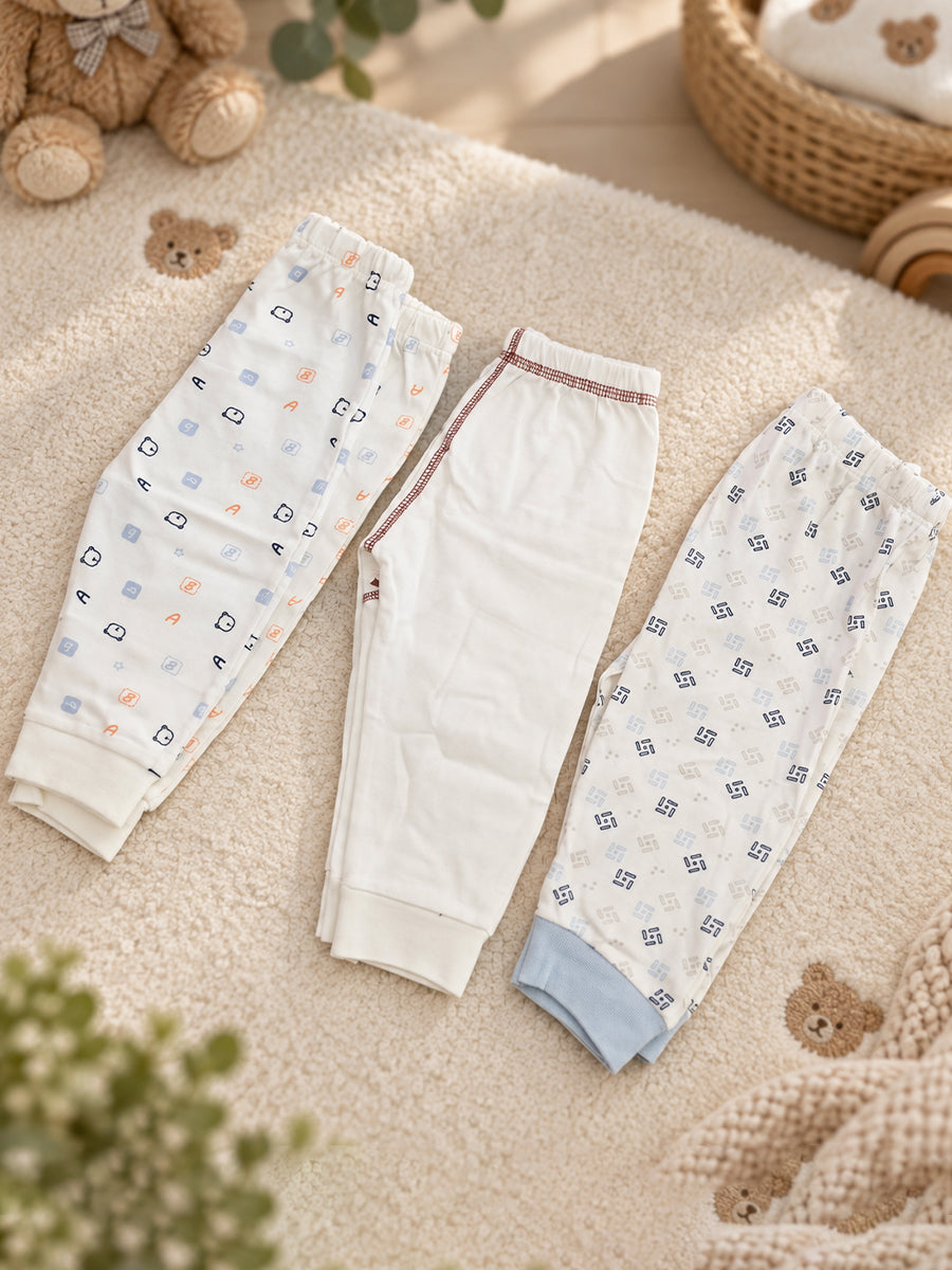Baby Knitted Cotton Pants Combo – Pack of 3 | Assorted Cute Baby Prints | 6–9 Months | Ziva Collected | Carefully Selected for Your Little One