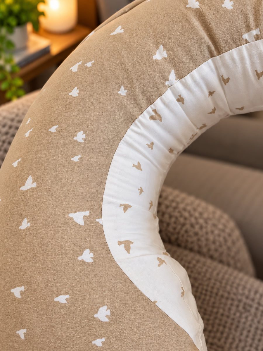 Ziva Multipurpose Feeding Pillow – Warm Beige & White with Reversible Bird Print | 100% Cotton Cover | Removable & Washable