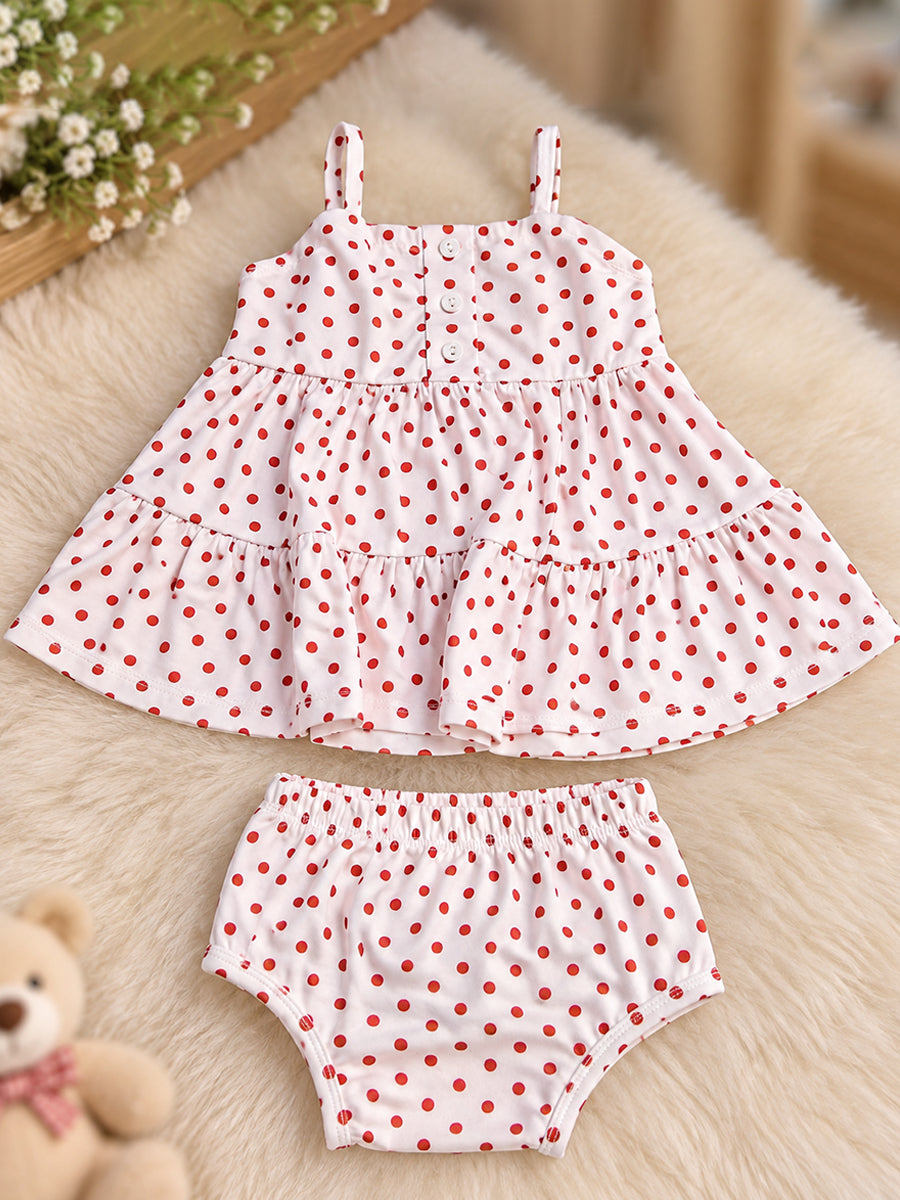 Ziva Baby Girl Strappy Frock with Pantie – White Red Polka Dot Print | Premium Knitted Cotton | Tiered Frill & Front Buttons | 2-Piece Set