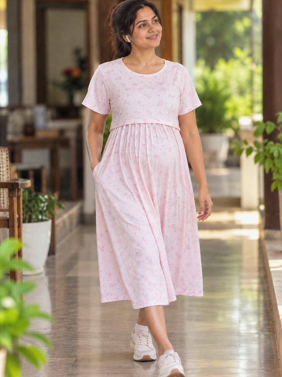 Ziva Zipless Maternity & Feeding Knitted Dress with Adjustable Back Tie & Side Pocket | Creamy Blush Pink Mini Rose Floral