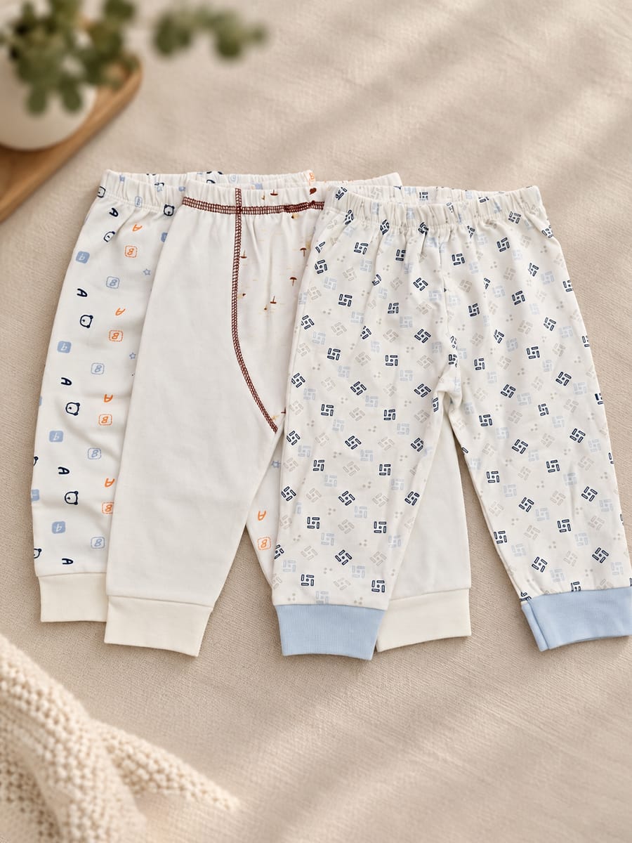 Baby Knitted Cotton Pants Combo – Pack of 3 | Assorted Cute Baby Prints | 6–9 Months | Ziva Collected | Carefully Selected for Your Little One