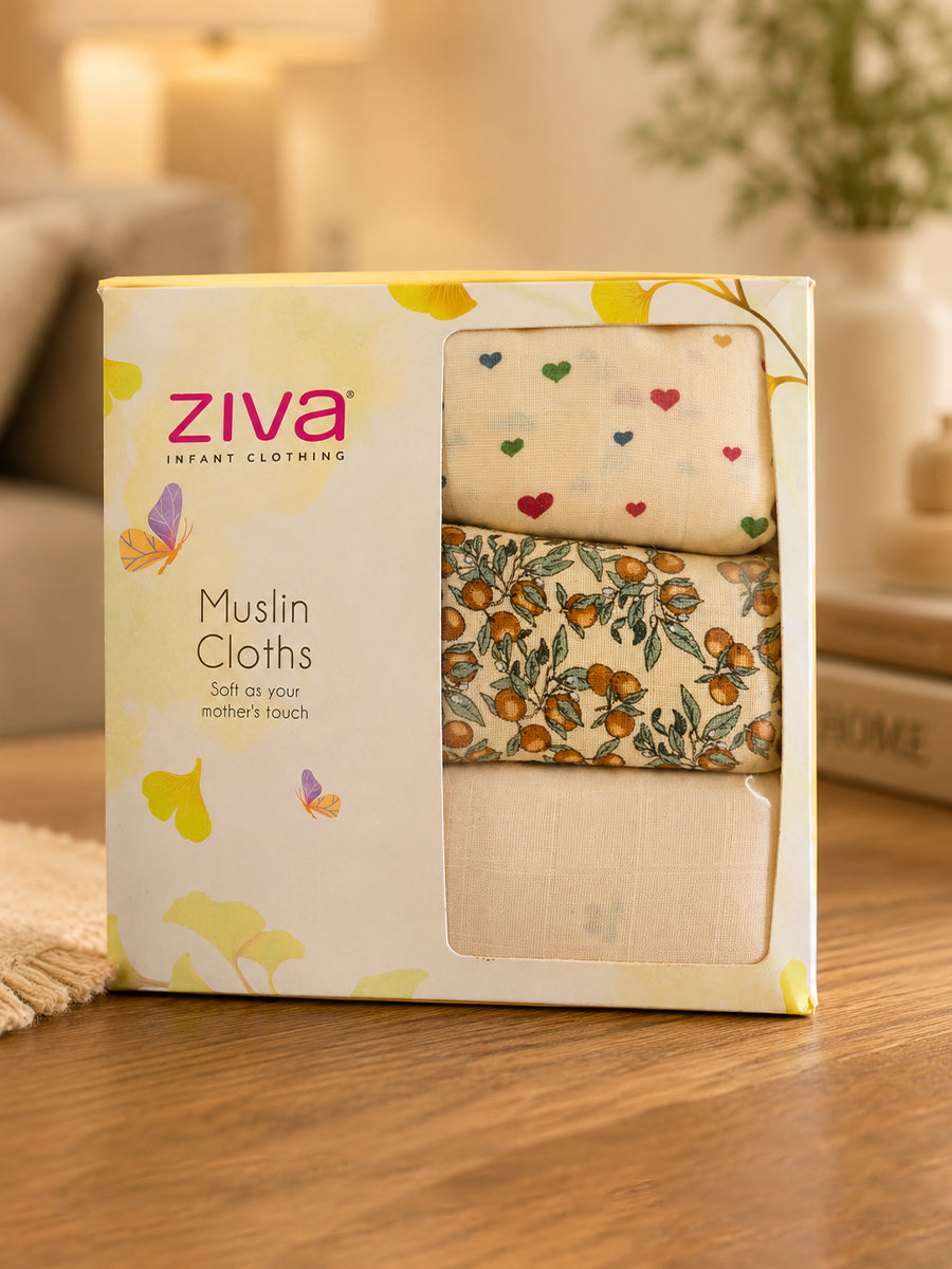 Ziva Premium Cotton Muslin Cloth – 3 Pieces | 100 × 100 cm Extra Large | Soft, Breathable & Multipurpose | Assorted Prints | Print Included: Tiny Hearts