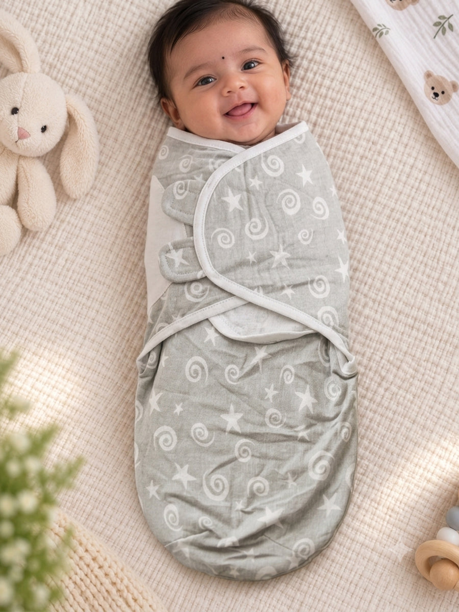 Baby Knitted Cotton Velcro Swaddle – Grey with White Star & Swirl Print | Adjustable Velcro Closure | Ziva Collected | Carefully Selected for Your Little One