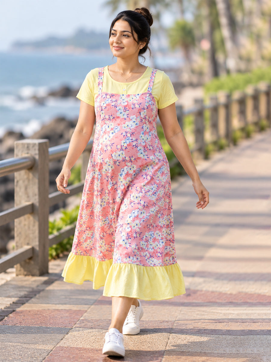 Ziva Maternity & Feeding Dungaree-Style Dress with Concealed Feeding Zips | Soft Coral Pink Floral & Soft Lemon Yellow