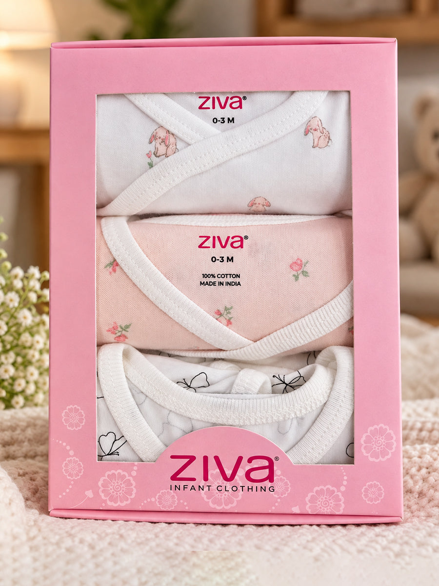 Ziva Baby Romper – Premium Knitted Cotton Overlap Style – Pack of 3 | Ivory Butterfly, White Pink Floral & Blush Pink Mini Floral Assorted Prints