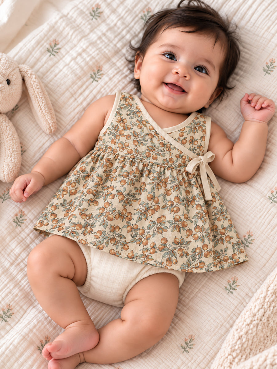 Ziva Muslin Baby Girl Frock – Side-Open Overlap with Adjustable Tie | Pack of 3 | 100% Cotton Muslin | Assorted Prints (Print Details: Check Product Description)