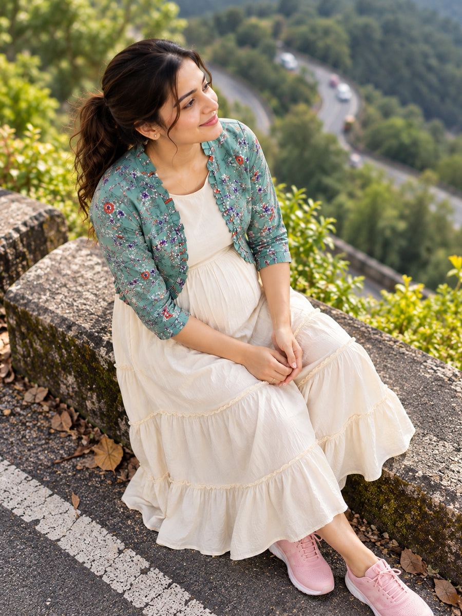 Ziva Maternity & Feeding Sleeveless Dress with Frill-Detail Floral Jacket | Off-White & Warm Sand Botanical Floral