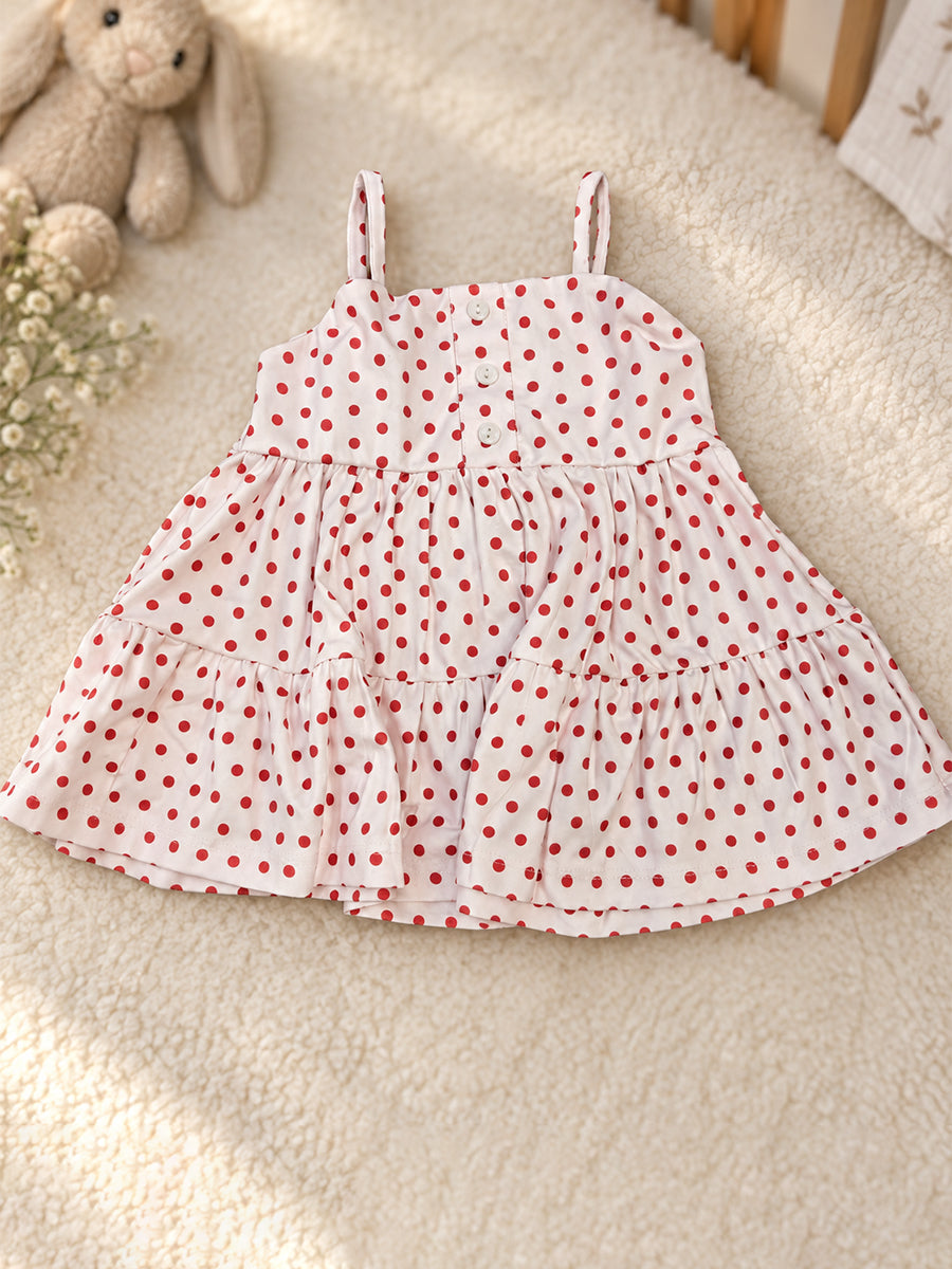 Ziva Baby Girl Strappy Frock with Pantie – White Red Polka Dot Print | Premium Knitted Cotton | Tiered Frill & Front Buttons | 2-Piece Set