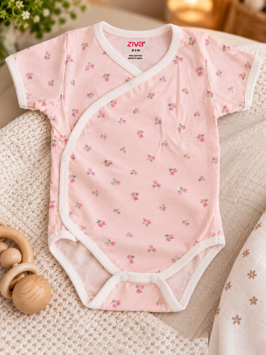 Ziva Baby Romper – Premium Knitted Cotton Overlap Style – Pack of 3 | Ivory Butterfly, White Pink Floral & Blush Pink Mini Floral Assorted Prints