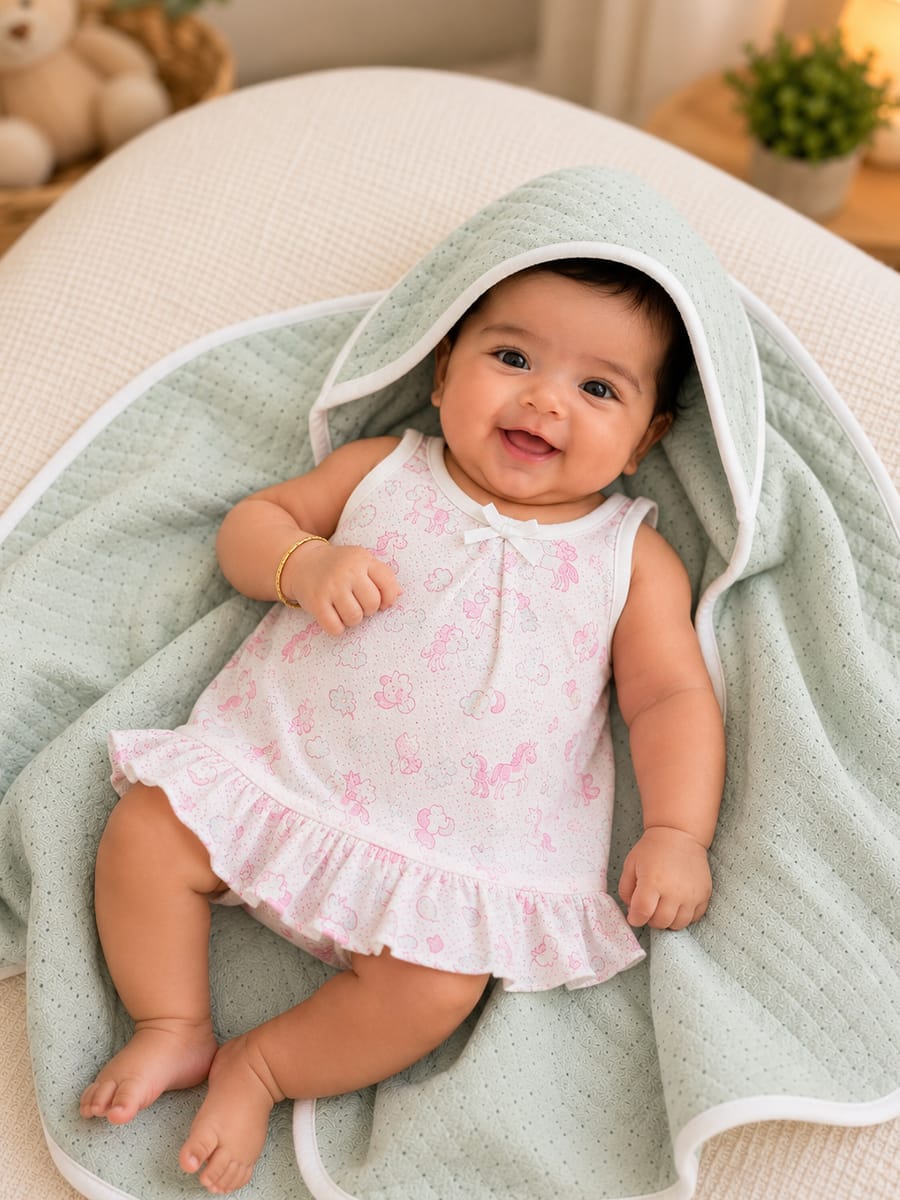 Ziva Premium Quilted Hooded Baby Towel | Seafoam Green with Small Polka Dots | Soft, Absorbent & Quick Dry