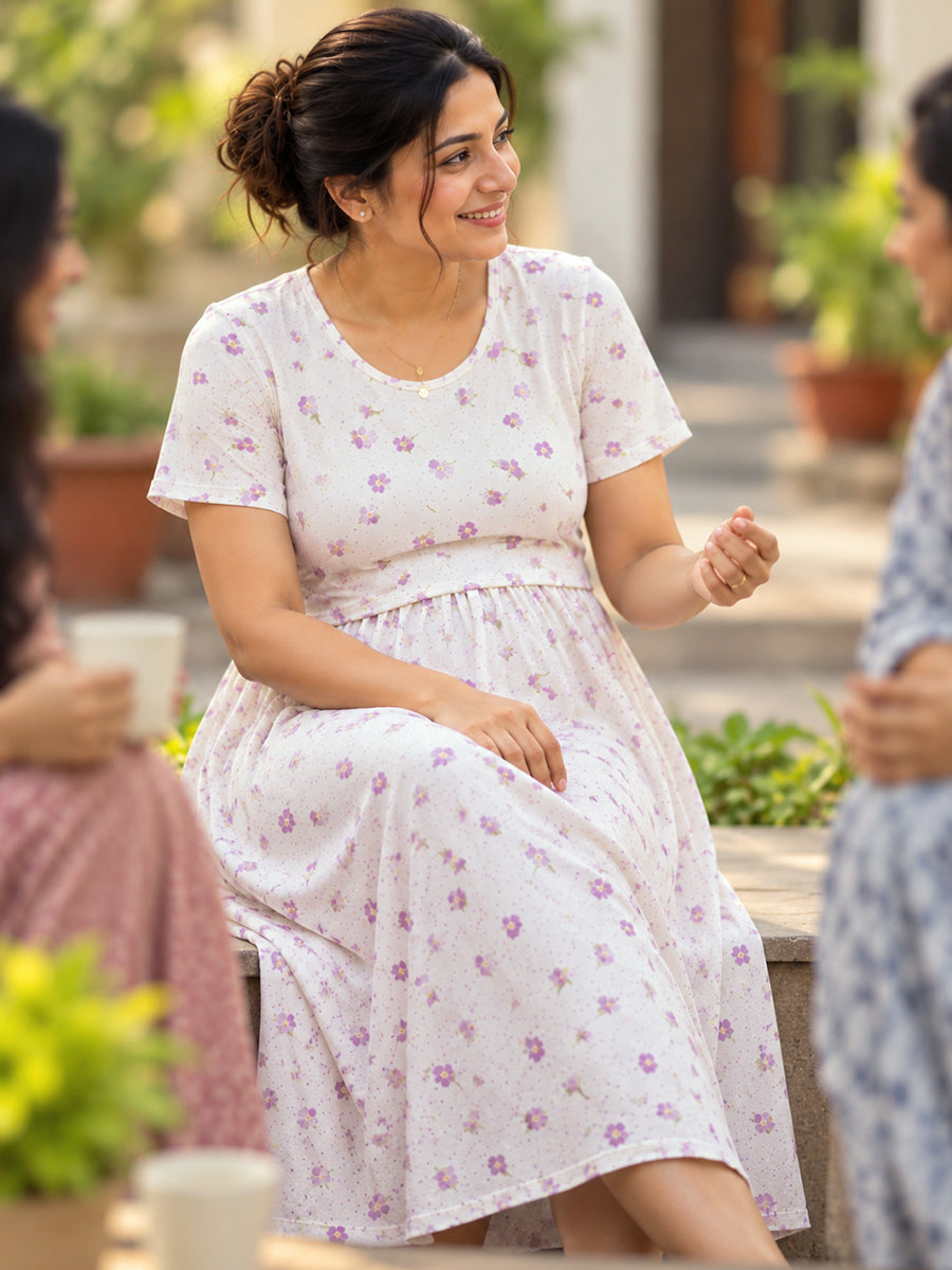 Ziva Zipless Maternity & Feeding Knitted Dress with Adjustable Waist Tie & Side Pocket | Soft Off-White Orchid Floral & Dotted Print