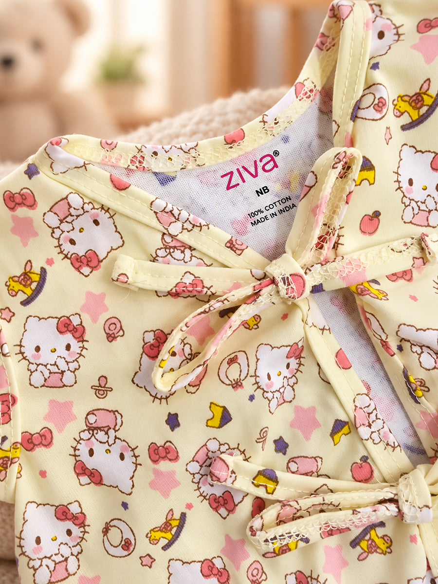 Ziva Newborn Knitted Cotton Front Open Tie Jabla with Light Padded Tie Nappy – Butter Yellow Kitty Print | 1 Jabla + 1 Nappy