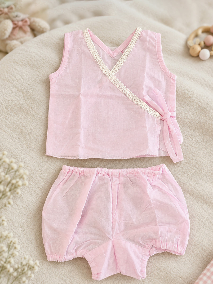 Ziva Baby Cotton Wrap Top & Bloomer Set – Soft Baby Pink | V-Neck Side Tie | 1 Wrap Top + 1 Bloomer