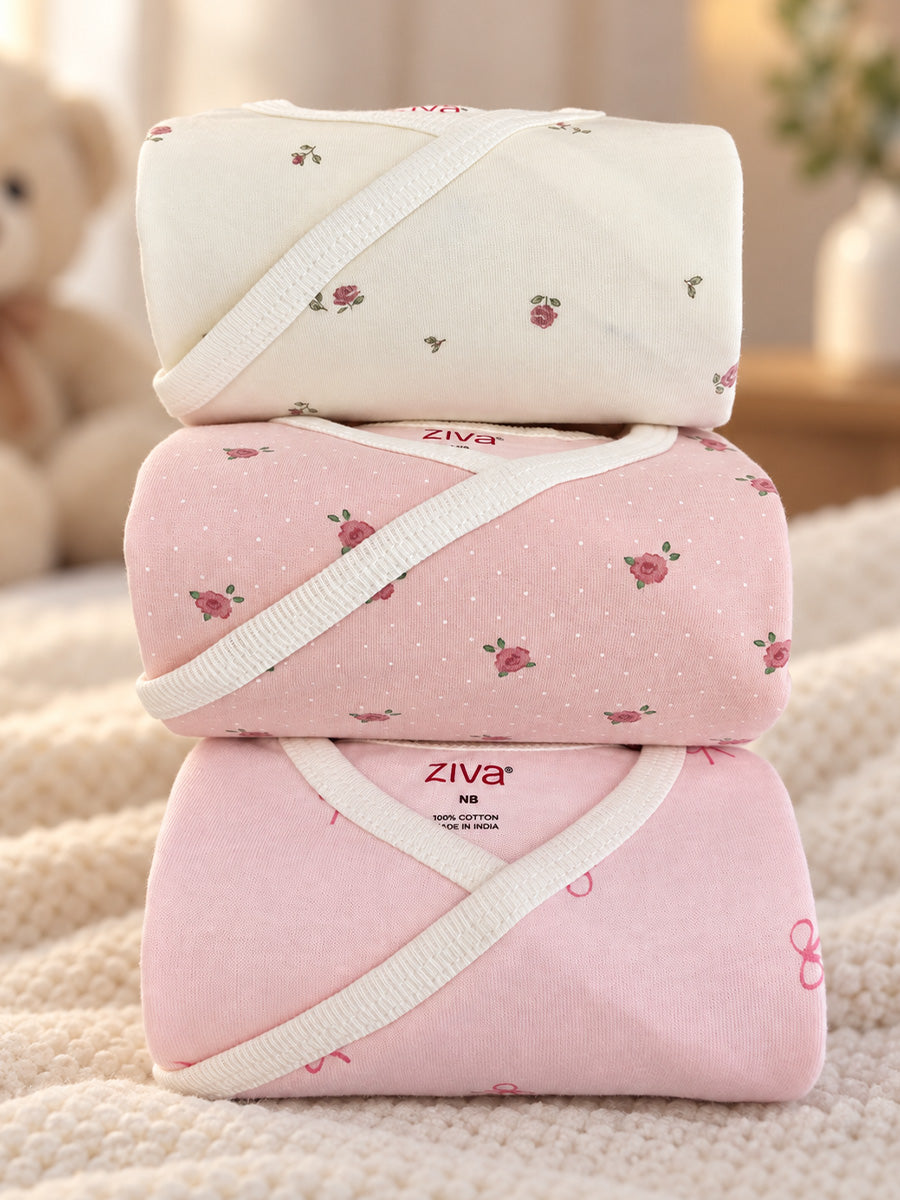 Ziva Baby Premium Knitted Cotton Overlap Romper – Pack of 3 | Ivory Mini Rose, Blush Pink Rose Dot & Baby Pink Bow Assorted Prints