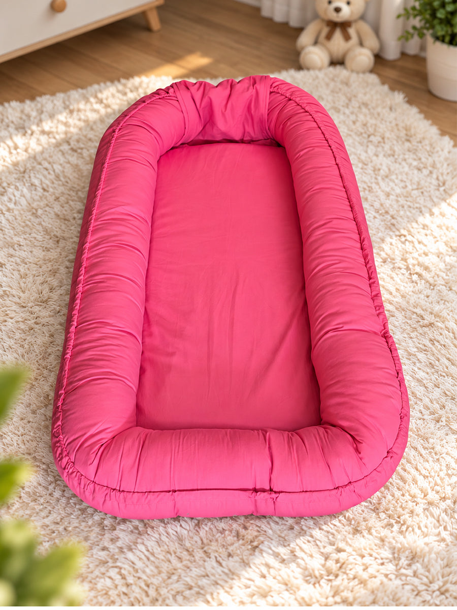 Premium Organic Cotton Multipurpose Baby Nest –  Newborn Baby Lounger & Baby Bed | Raspberry Pink | Ziva Collected | Carefully Selected for Your Little One