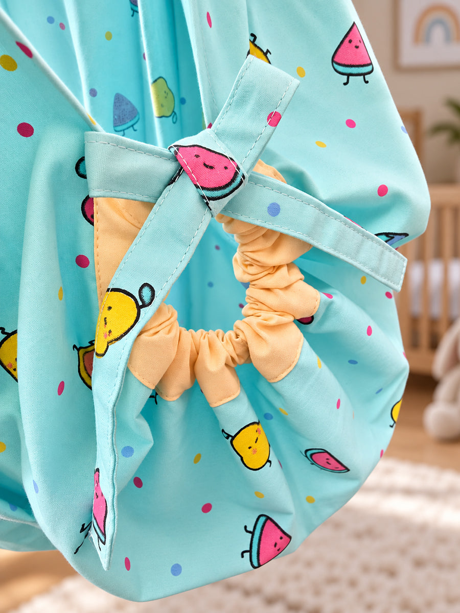 Ziva Baby Cradle – Fruity Friends Cream | Premium Cotton Cloth Cradle with Aqua Blue Mosquito Net, Hanger & S-Hook