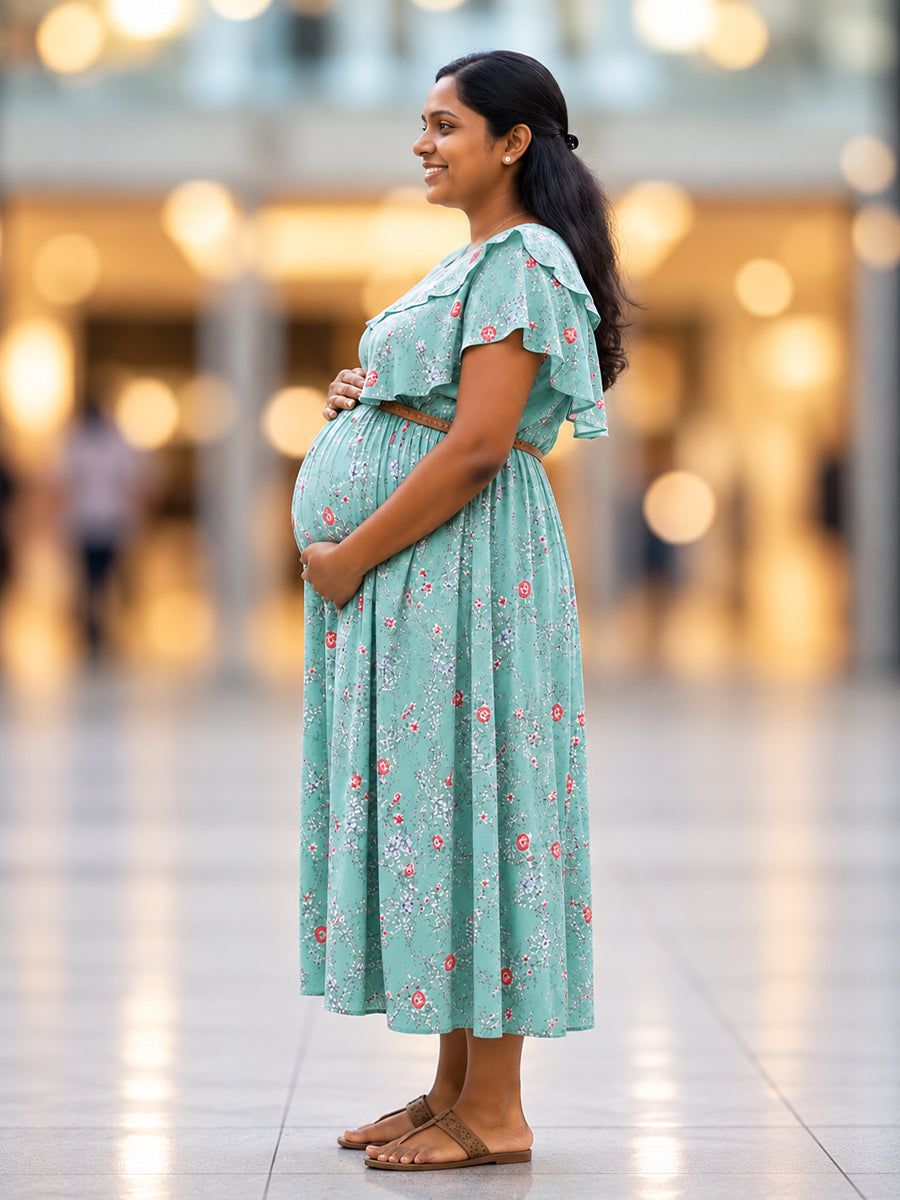 Ziva Light Blush Pink Floral Ruffle Overlay Maternity & Feeding Dress with Concealed Dual Zips, Belt & Pockets