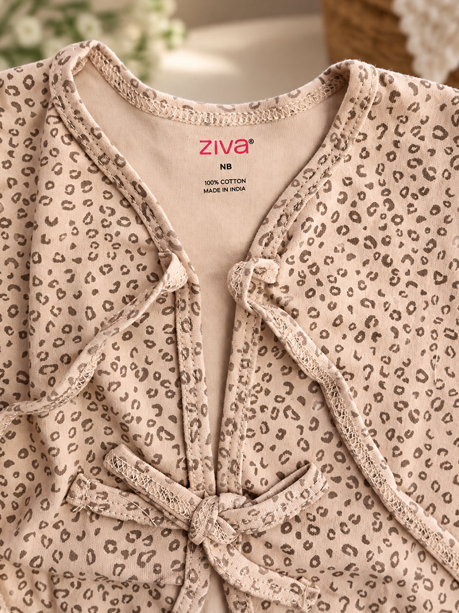 Ziva Newborn Knitted Cotton Front Open Tie Jabla with Tie Nappy – Peach Leopard Print | 1 Jabla + 1 Nappy