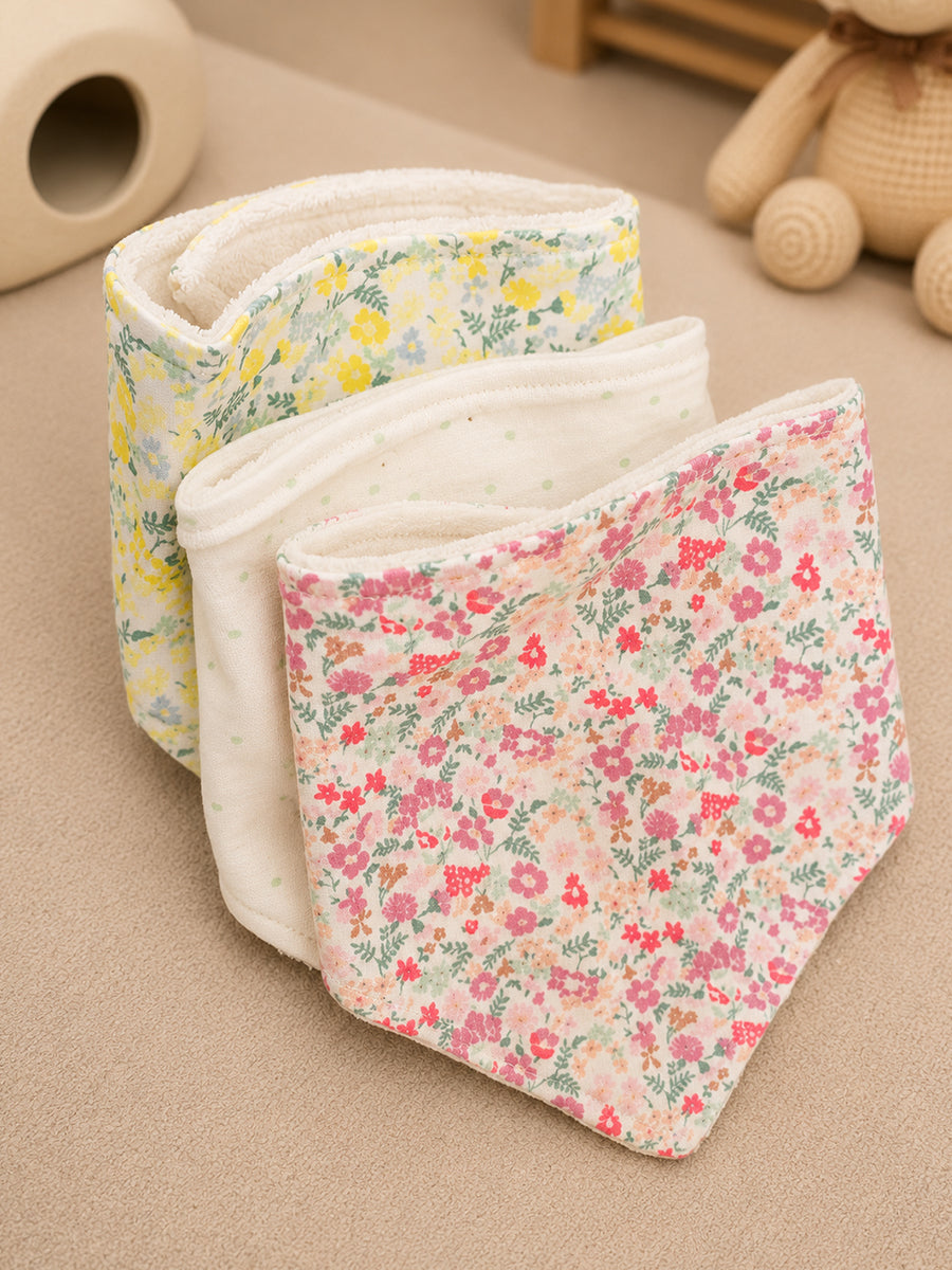 Ziva Premium Knitted Cotton Baby Bib – Pack of 3 | Soft Terry Lining | Adjustable Press Buttons | Assorted Floral Prints