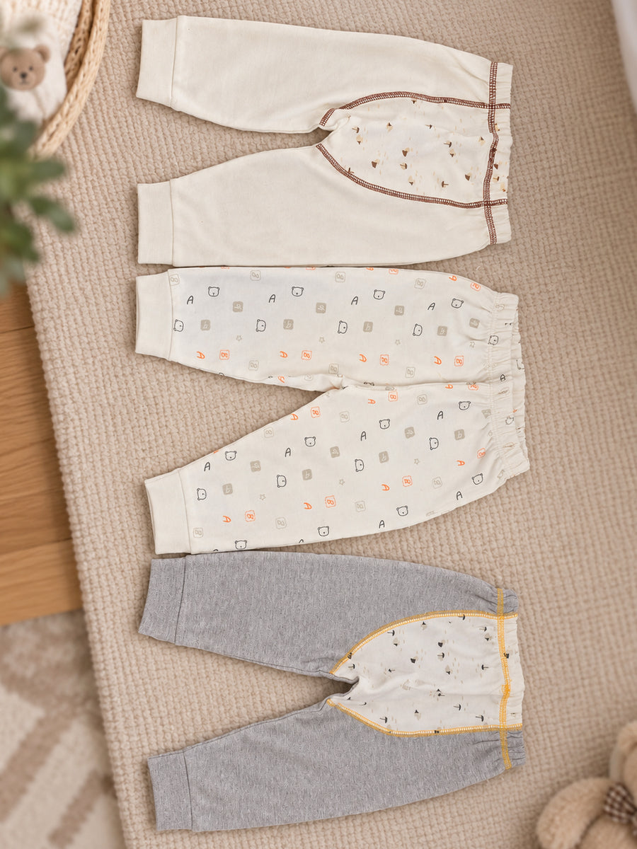 Baby Knitted Cotton Pants Combo – Pack of 3 | Assorted Teddy & Mini Print | 3–6 Months | Ziva Collected | Carefully Selected for Your Little One