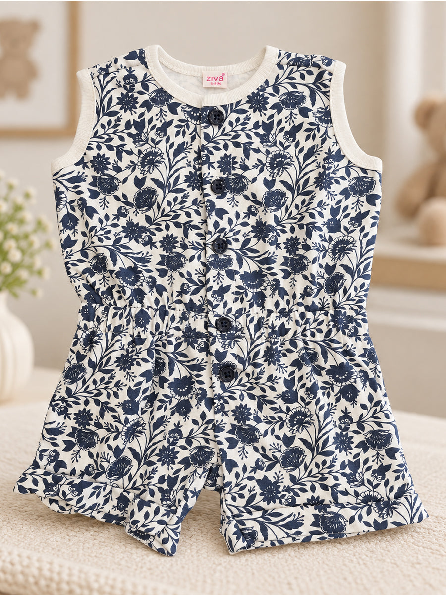 Ziva Baby Playsuit Romper – Blue Tropical Leaf Print | Knitted Cotton | Front Button Open | Elasticated Waist