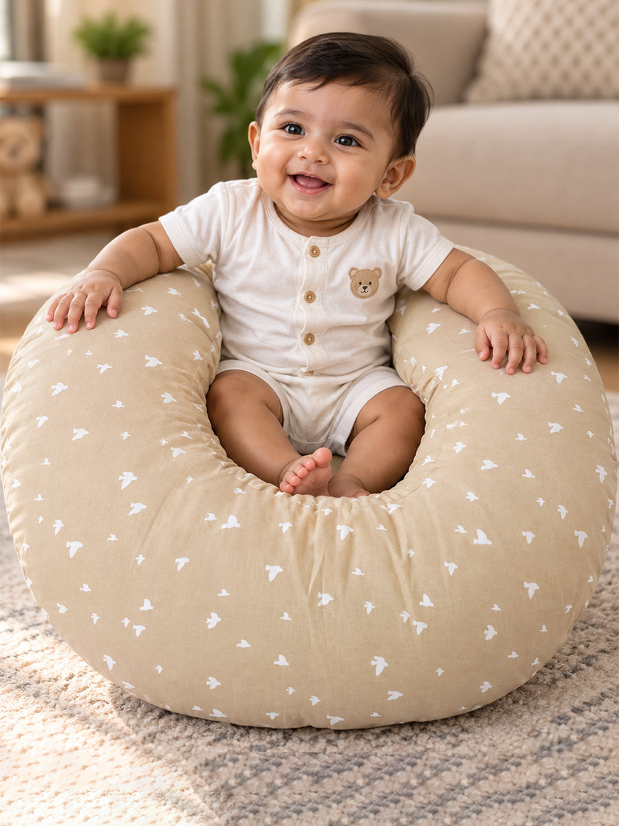 Ziva Multipurpose Feeding Pillow – Warm Beige with White Bird Print | 100% Cotton Cover | Removable & Washable