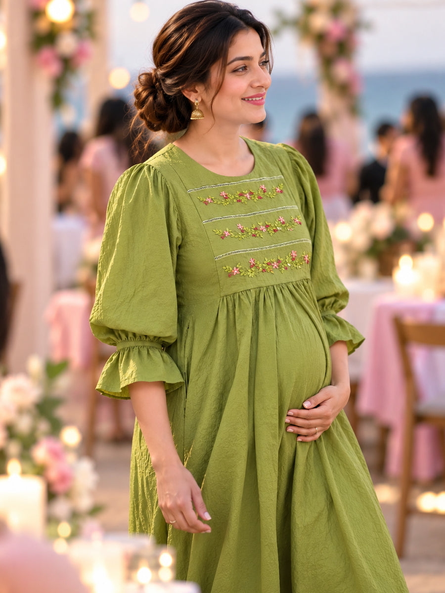 Ziva Premium Crinkle Viscose Maternity & Feeding Occasion Dress with Hand-Embroidered Yoke & Adjustable Puff Sleeves | Olive Green