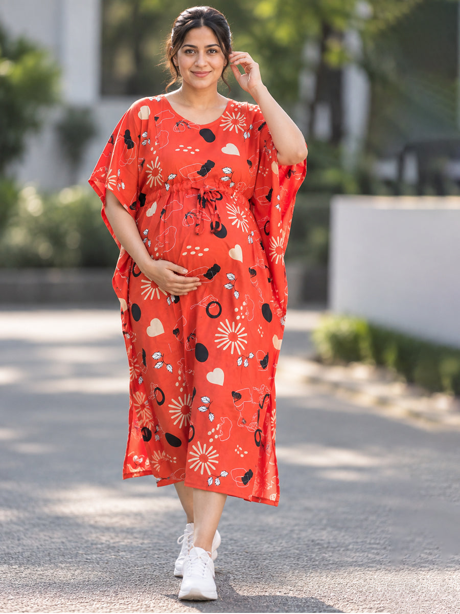 Ziva Maternity & Feeding Rayon Kaftan – Concealed Feeding Zips & Waist Adjustable Tie | Coral Red Abstract Botanical Print