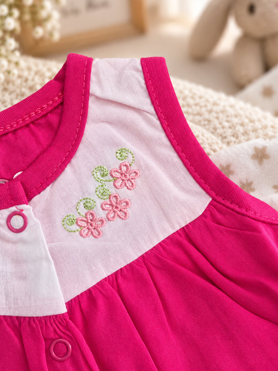 Baby Cotton Front Open Frock – Rani Pink & White | Floral Embroidered Yoke | Ziva Collected | Carefully Selected for Your Little One
