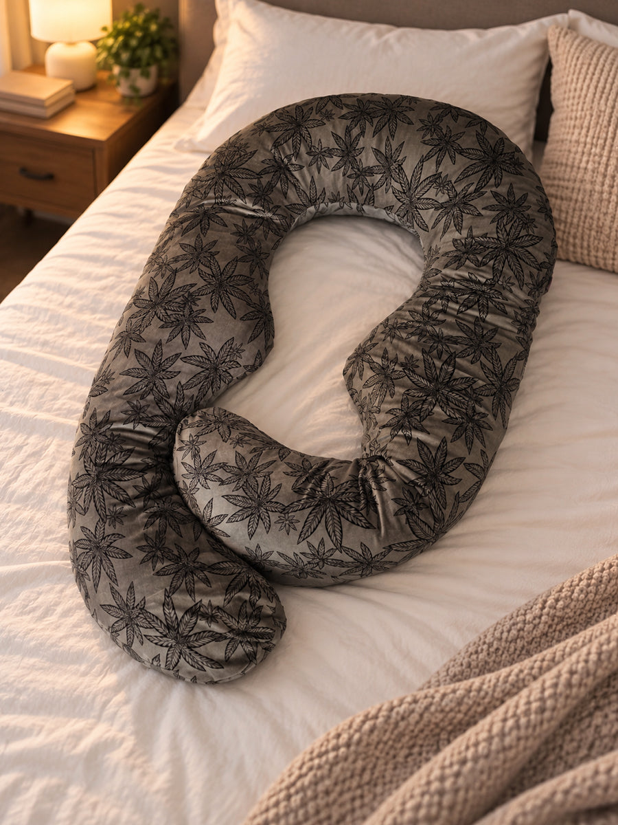 Ziva Multipurpose Pregnancy Pillow / Maternity Pillow / Body Pillow – U Shape – Grey & Black Botanical Leaf Print | Velvet Fabric