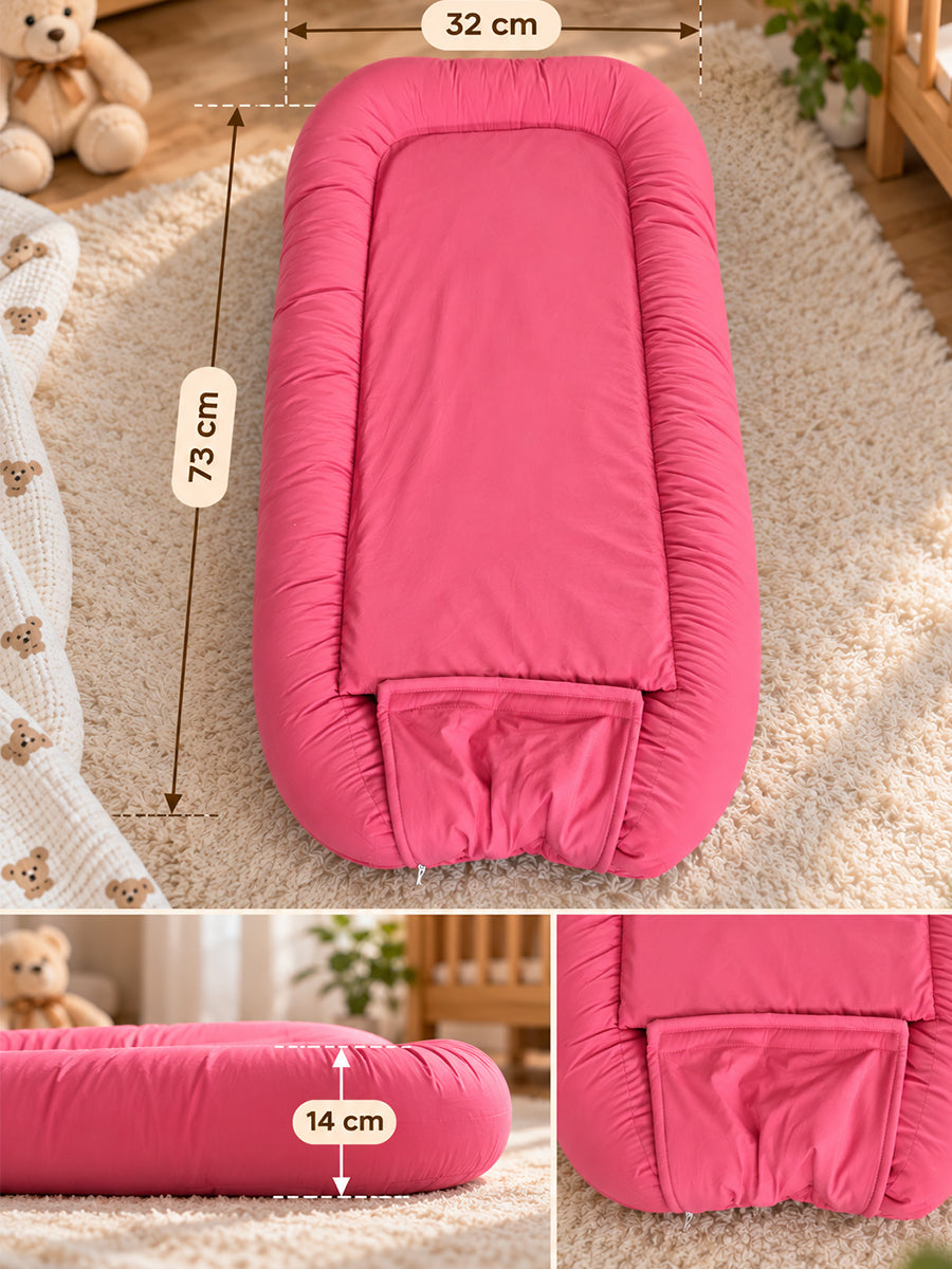 Premium Organic Cotton Multipurpose Baby Nest –  Newborn Baby Lounger & Baby Bed | Raspberry Pink | Ziva Collected | Carefully Selected for Your Little One