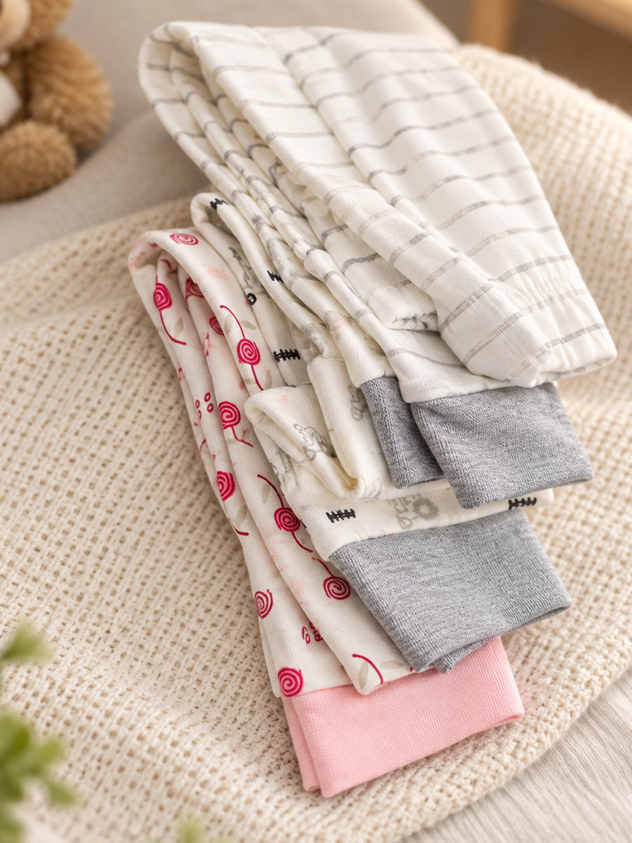 Baby Knitted Cotton Pants Combo – Pack of 3 | Assorted Floral, Tractor & Stripe Prints | Newborn | Ziva Collected | Carefully Selected for Your Little One
