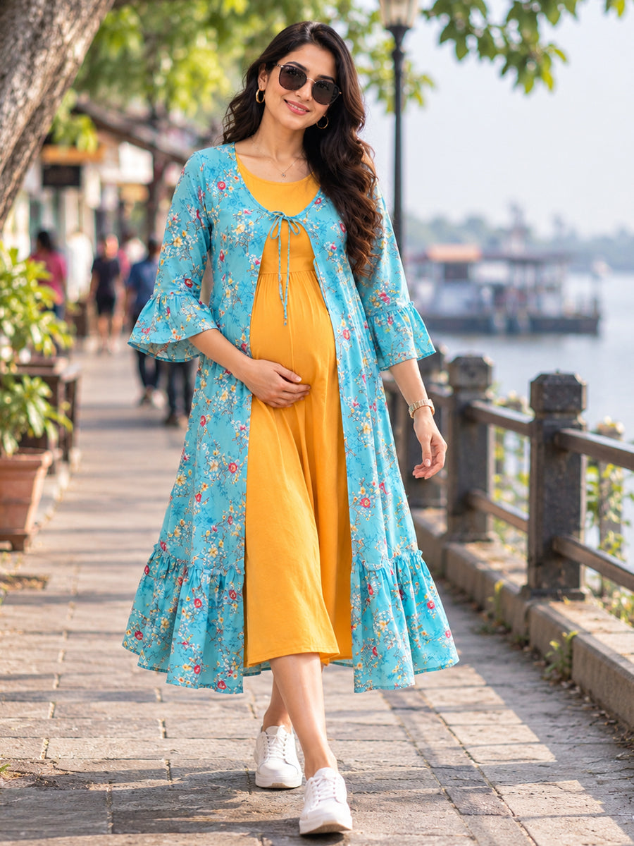 Ziva Premium Rayon Maternity & Feeding Dress with Sleeveless Inner & Floral Tie-Up Long Jacket with side pocket – Dark Orange Yellow & Turquoise Blue Floral