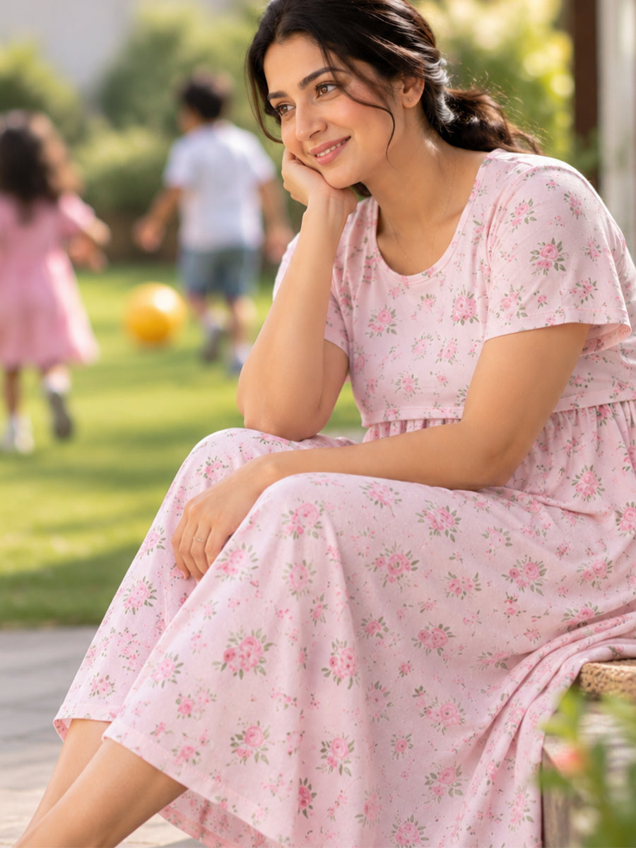 Ziva Zipless Maternity & Feeding Knitted Dress with Adjustable Waist Tie & Side Pocket | Soft Blush Pink Rose Floral