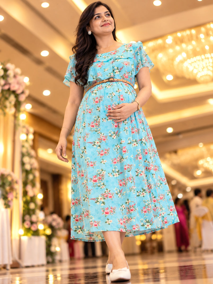 Ziva Maternity & Feeding Ruffle Overlay Dress with Concealed Zips & Pockets | Soft Aqua Blue Floral