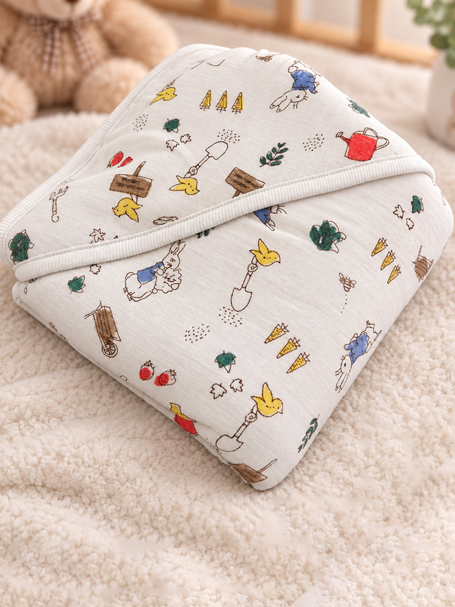 Ziva Premium Muslin Hooded Towel – Double Layer Muslin with Soft Fleece Core | Garden Bunny Print