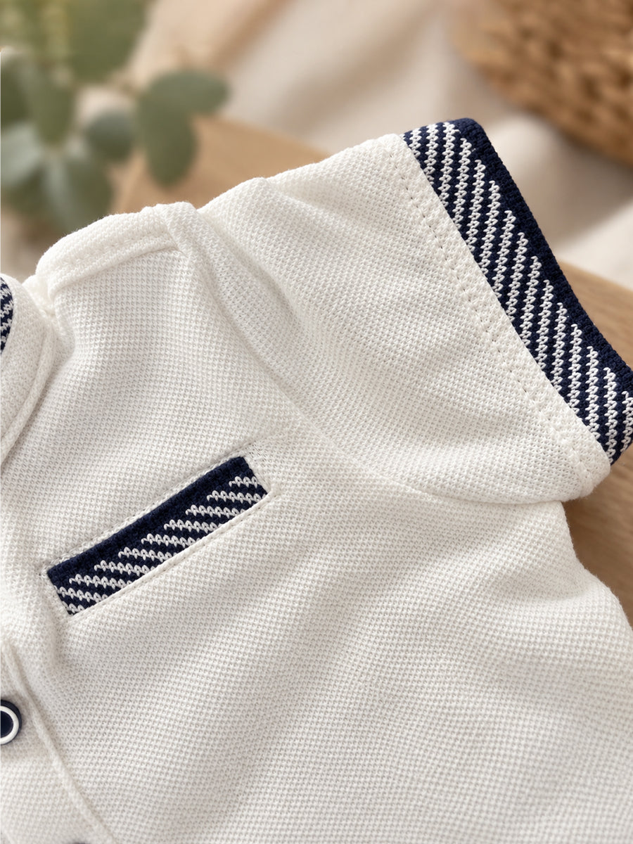 Baby Boy Knitted Cotton Polo Style Jumpsuit – Off-White & Navy Blue | Ziva Collected | Carefully Selected for Your Little One