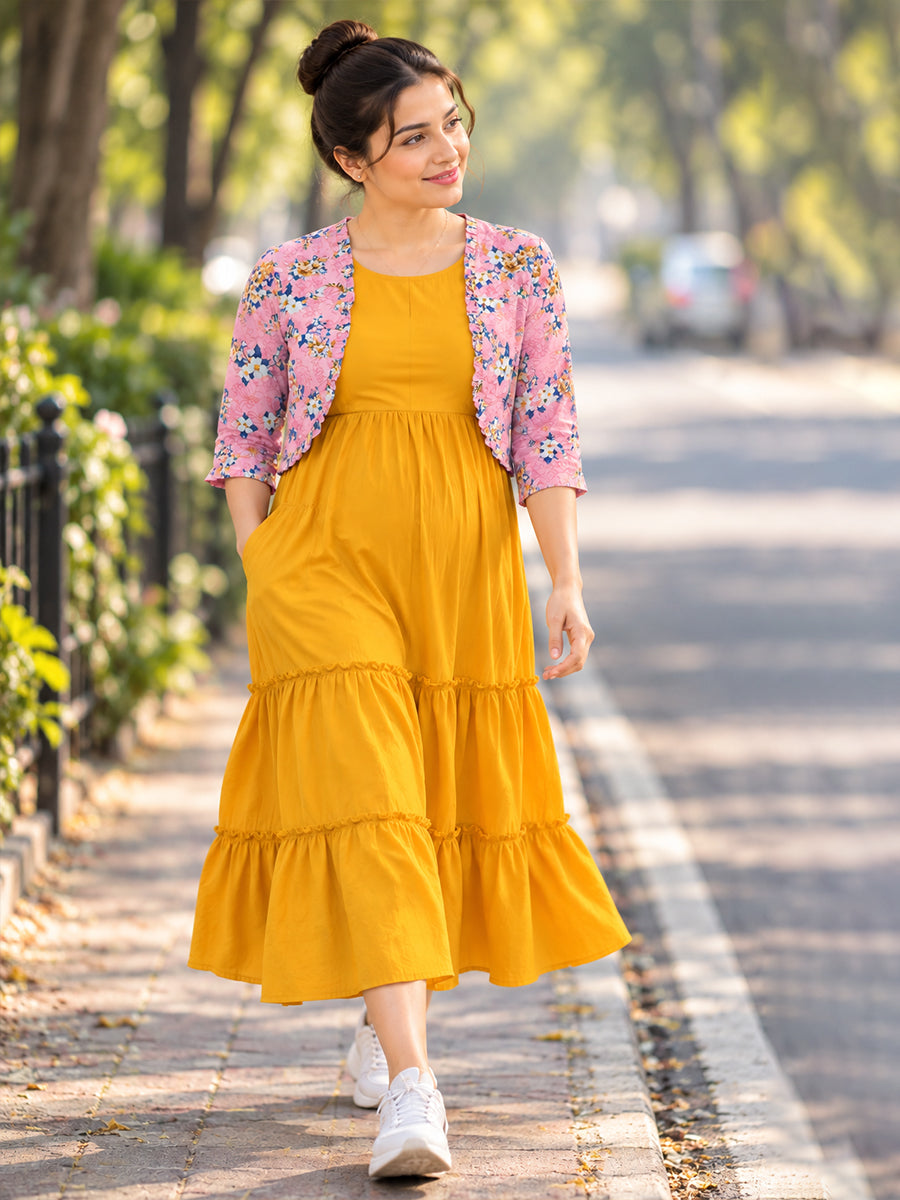 Ziva Maternity & Feeding Sleeveless Dress with Frill-Detail Floral Jacket | Dark Orange Yellow & Pink Multicolour Floral
