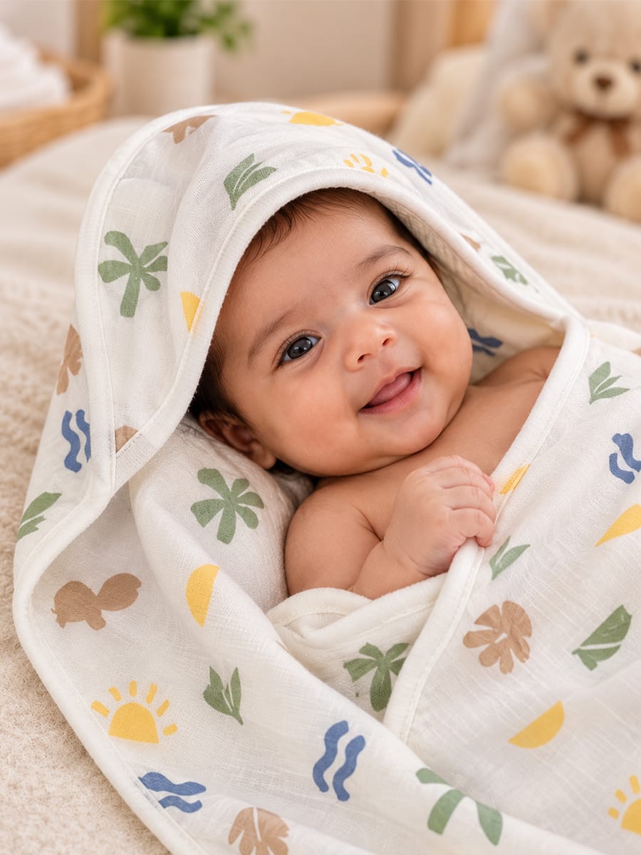 Ziva Premium Muslin Hooded Towel – Double Layer Muslin with Soft Fleece Core | Tropical Nature Print
