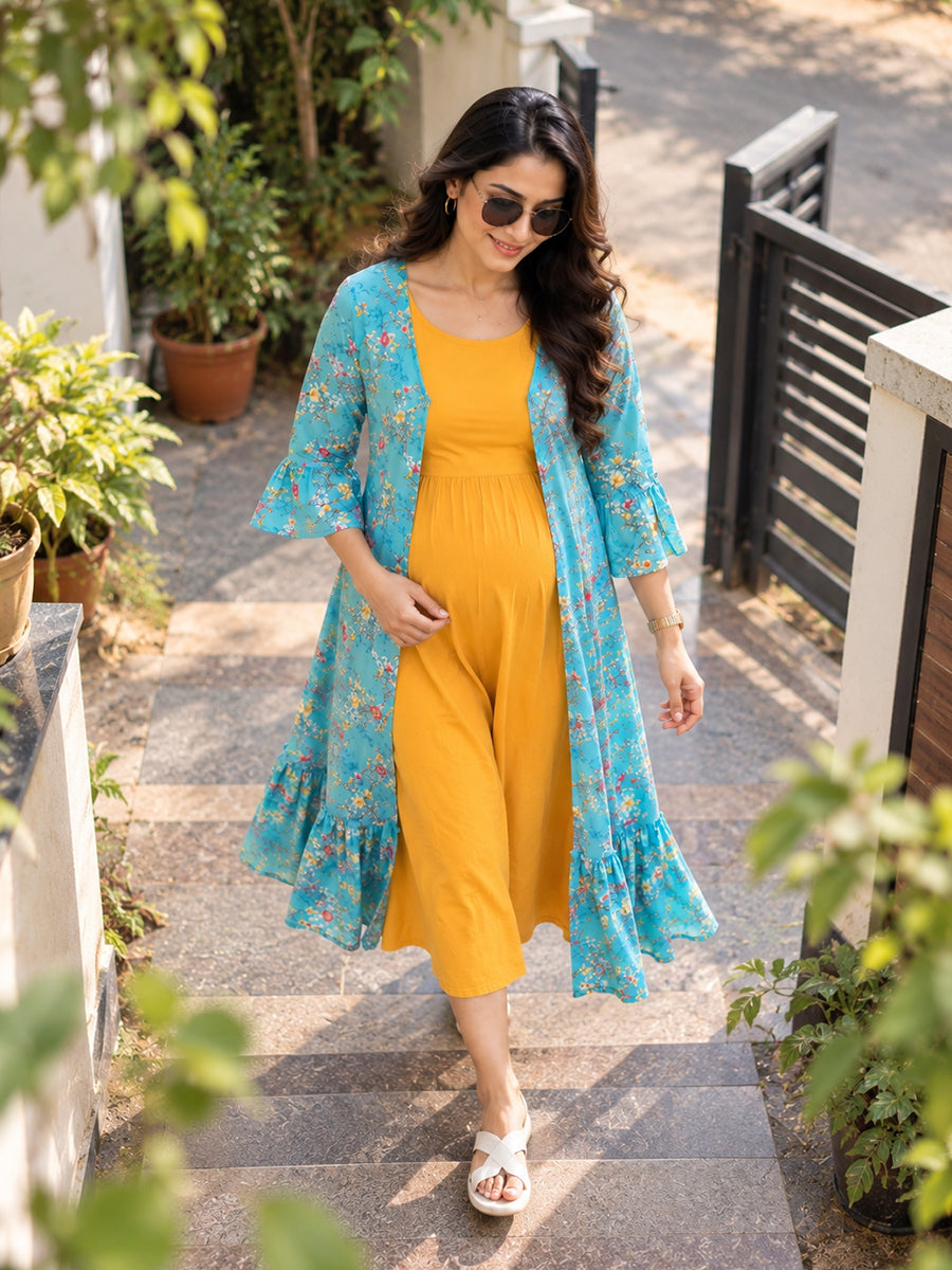 Ziva Premium Rayon Maternity & Feeding Dress with Sleeveless Inner & Floral Tie-Up Long Jacket with side pocket – Dark Orange Yellow & Turquoise Blue Floral