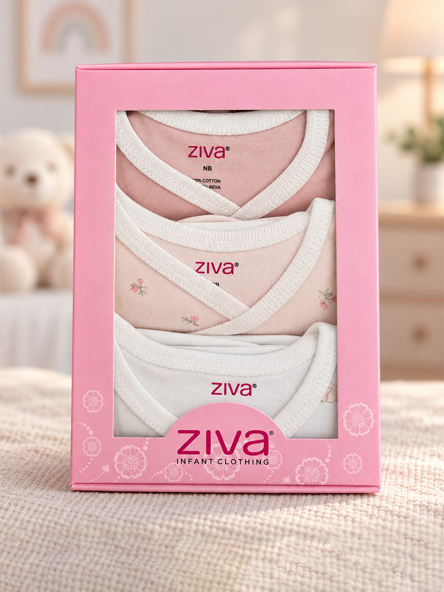 Ziva Baby Premium Knitted Cotton Overlap Romper – Pack of 3 | Blush Pink Tiny Floral, Dusty Rose Mini Dot & White Peach Bunny Assorted Prints.
