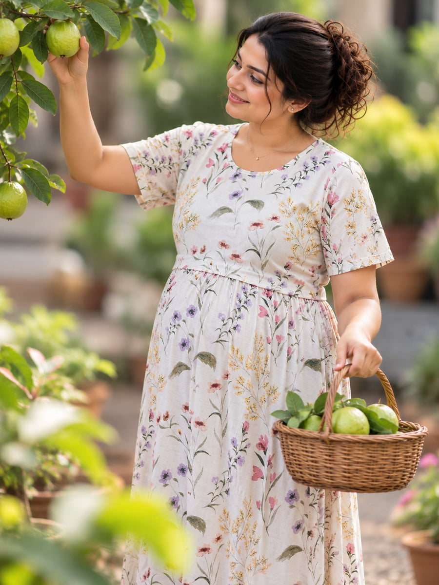 Ziva Zipless Maternity & Feeding Knitted Dress with Adjustable Waist Tie & Side Pocket | Soft Off-White Multicolour Botanical Floral Print