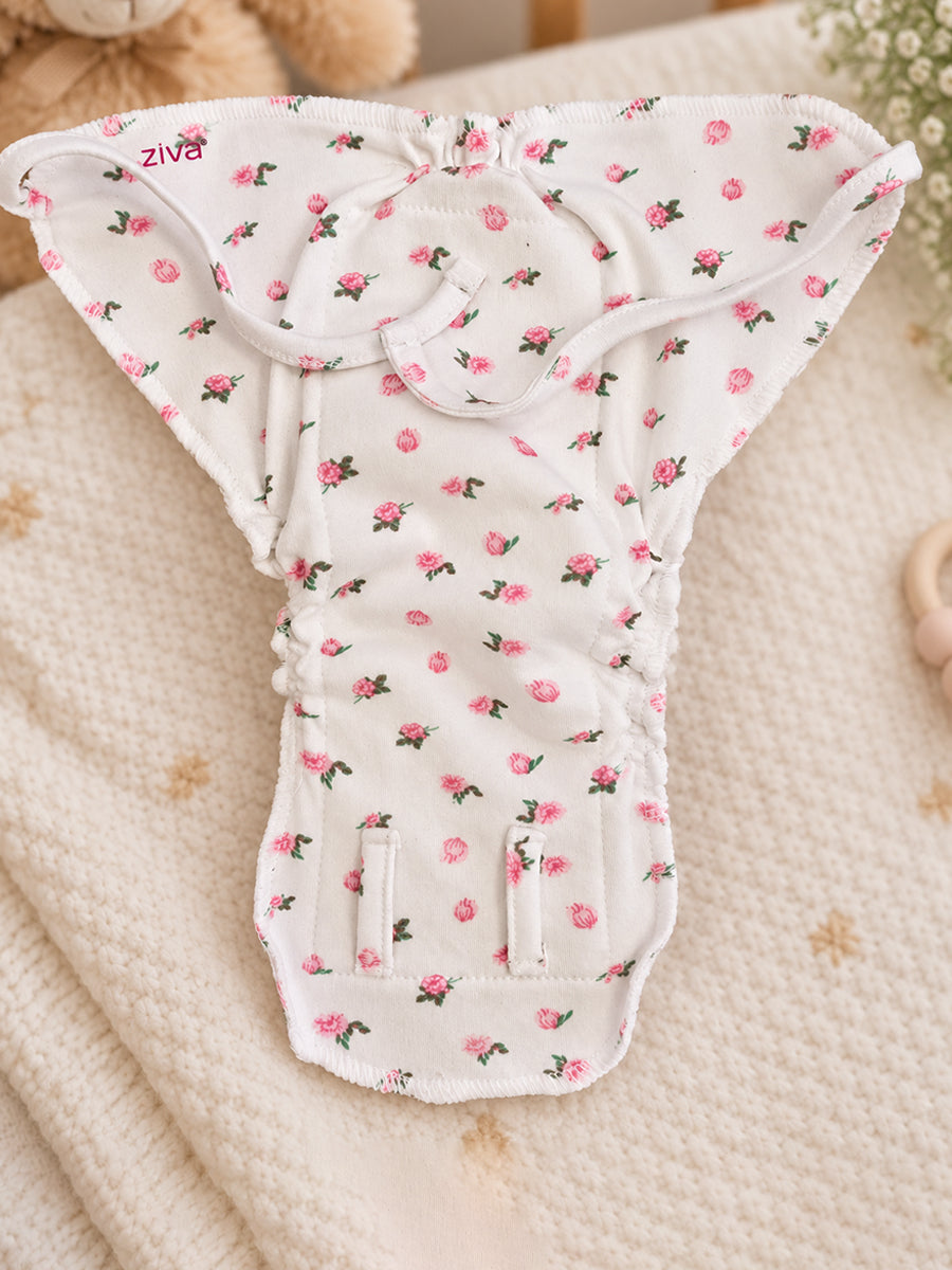 Ziva Newborn Cotton Front Open Tie Jabla with Tie Nappy – White Pink Rose Print